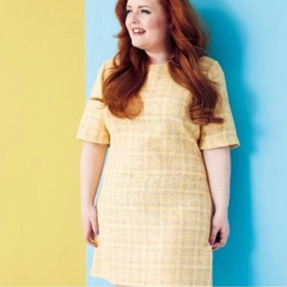 Zara Tweed Yellow Cream Textured Ladylike Mod Jackie O Office Mini Dress XL - Picture 1 of 7
